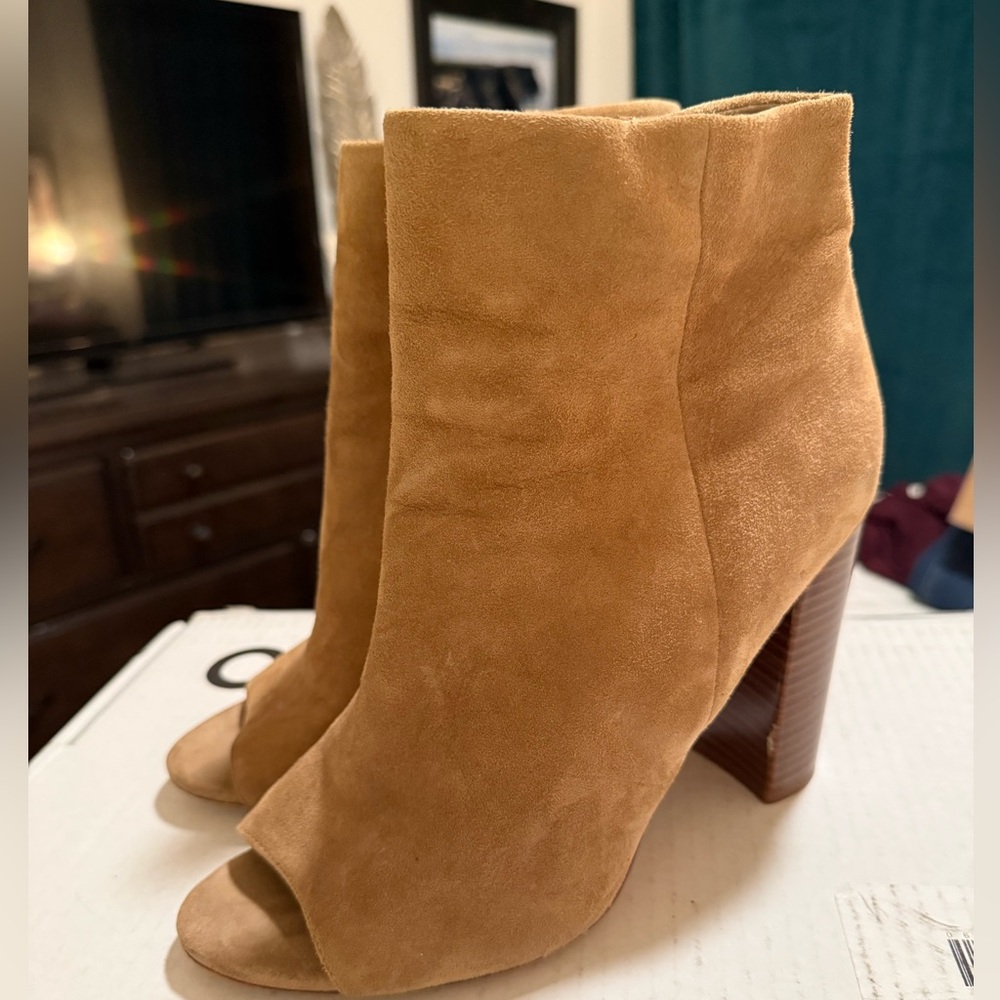 Sam Edelman Tan Suede Peep-Toe Ankle Booties